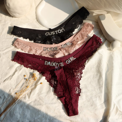 Personalized Crystal Letter Thong for Women Sexy Lace