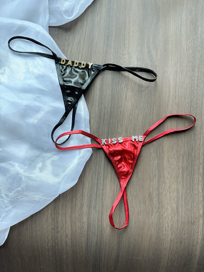 Custom Thong Name Shiny Letter PU Leather